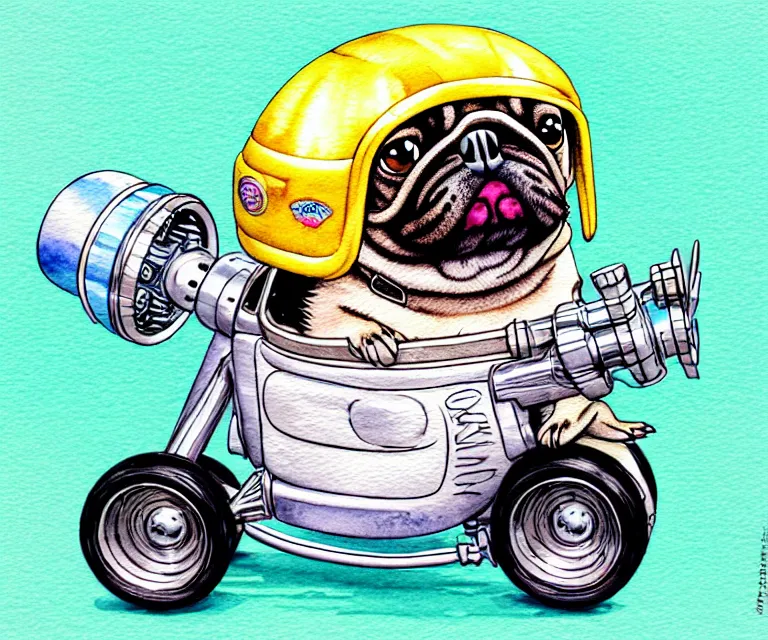 Image similar to cute and funny, pug wearing a helmet riding in a tiny hot rod with oversized engine, ratfink style by ed roth, centered award winning watercolor pen illustration, isometric illustration by chihiro iwasaki, edited by range murata, tiny details by artgerm and watercolor girl, symmetrically isometrically centered