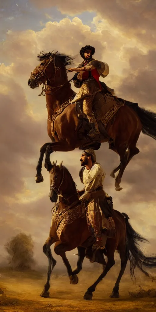 Prompt: Highly detailed and cinematic romantic period oil painting of an Arabian prince riding a rearing horse, beautifully lit and atmospheric, an oil painting masterpiece by Josep Tapiró Baró, RPG portrait, dynamic lighting, 8K