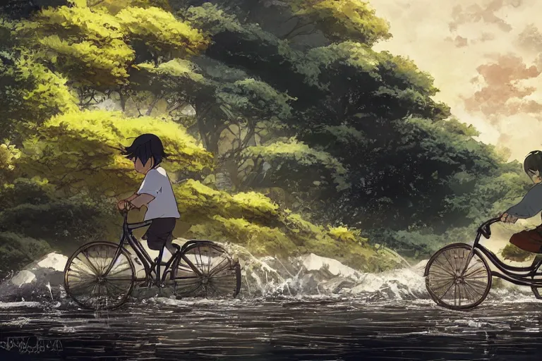 Prompt: a boy riding his bike beside a flowing river, high intricate details, rule of thirds, golden ratio, cinematic light, anime style, graphic novel by fiona staples and dustin nguyen, by beaststars and orange, peter elson, alan bean, studio ghibli, makoto shinkai