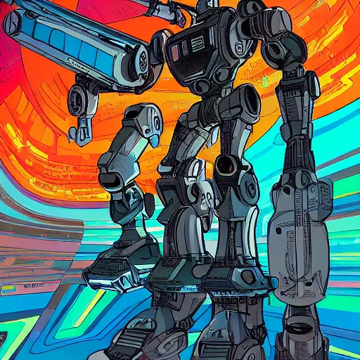 Prompt: mecha standing in front of the time-space vortex, in the graphic style of Patrick Gleason, detailed art, trending on Artstation, sharp focus, Beautiful comic art