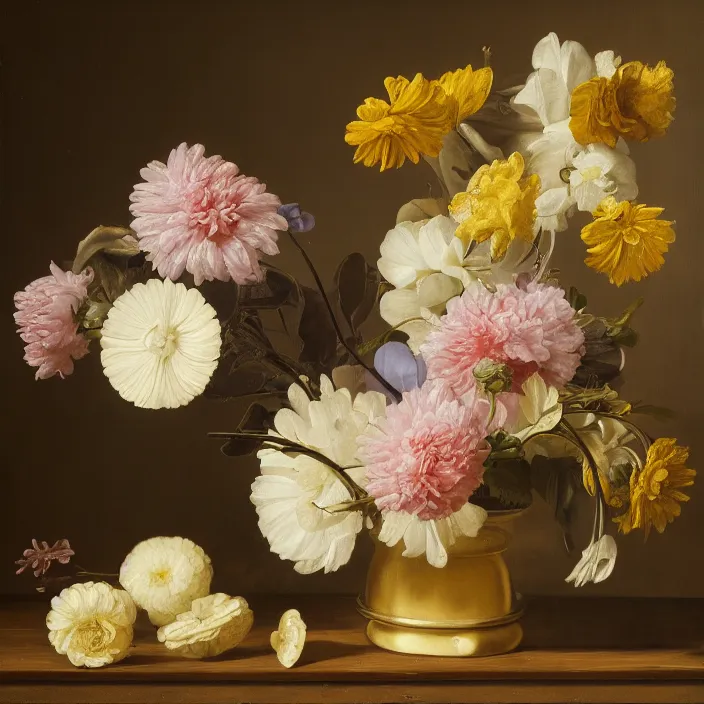 Image similar to still life painting of a beautiful bouquet of flowers by pieter claesz, oil on canvas, strong lighting, highly detailed, hyper realism, golden hour, god rays, hd, 4 k