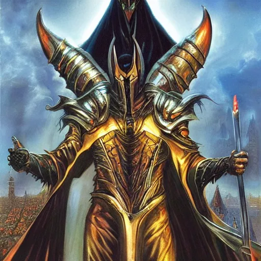 Prompt: majestic evil lord Sauron the ruler on the ring of power by Mark Brooks, Donato Giancola, Victor Nizovtsev, Scarlett Hooft, Graafland, Chris Moore