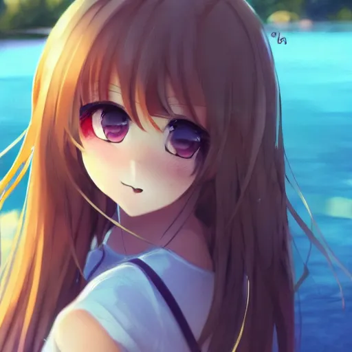 Image similar to a very beautiful anime girl, full body, long golden hair, sky blue eyes, full round face,cute face, short smile, mini jeans skirt, cute top, summer lake setting, cinematic lighting, medium shot, mid-shot, highly detailed, trending on Artstation, Unreal Engine 4k, cinematic wallpaper by Stanley Artgerm Lau, WLOP, Rossdraws, James Jean, Andrei Riabovitchev, Marc Simonetti, and Sakimichan