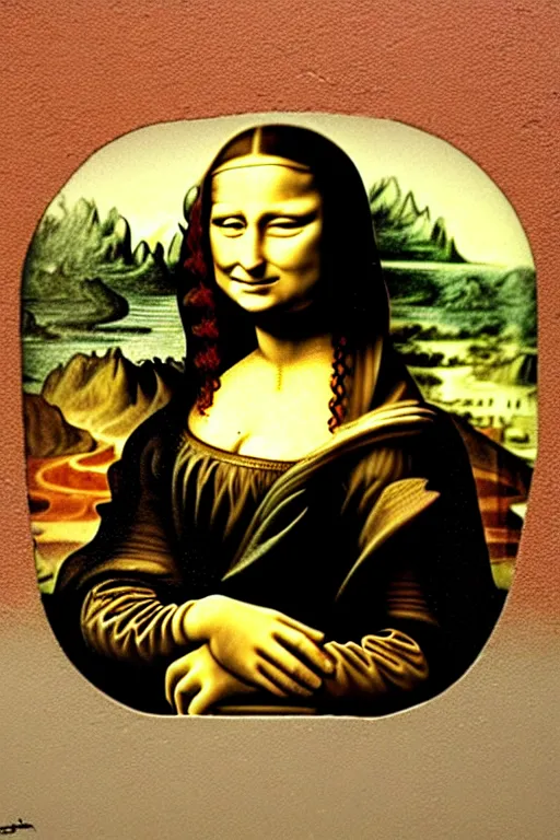 Prompt: mona lisa by banksy spray paint wall