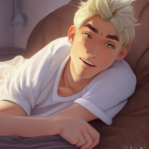 Image similar to young man with short, ash blond greyish hair, light brown eyes, casual clothes, hanging out on a bed, path traced, highly detailed, high quality, digital painting, by don bluth and ross tran and studio ghibli and alphonse mucha, sylvain sarrailh