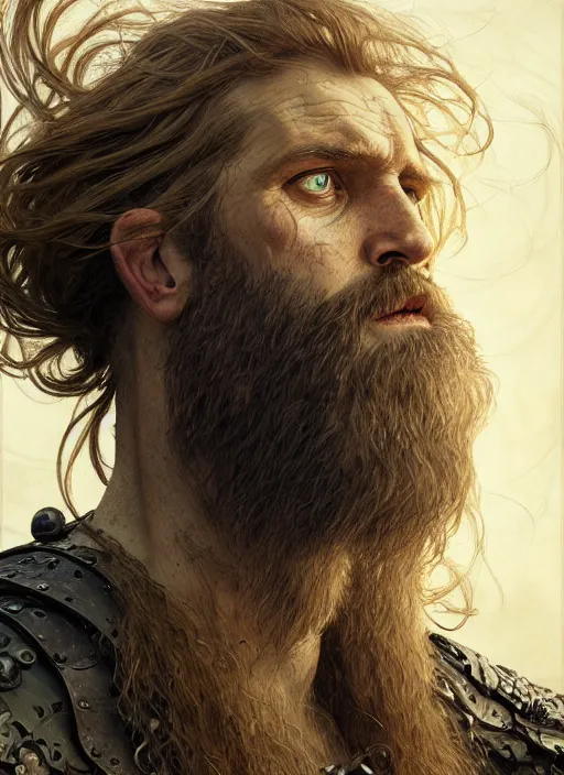 Prompt: portrait of a 4 0 year old giant strong man with long tangles of bushy ginger hair and beard, piercing eyes, wearing leather armor, hyper realistic face, epic, very low angle, fantasy art, in the style of greg rutkowski, intricate, alphonse mucha, hyper detailed, smooth