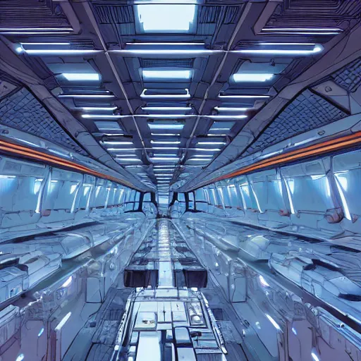 Image similar to one thousand aligned cryogenic pods, spaceship hangar, symmetrical, sci-fi, cryogenic pods, many cryogenic pods, interior, 4k, wide shot, matte painting, oil painting, concept art, art station, style of Laurie Greasley and Satoshi Kon