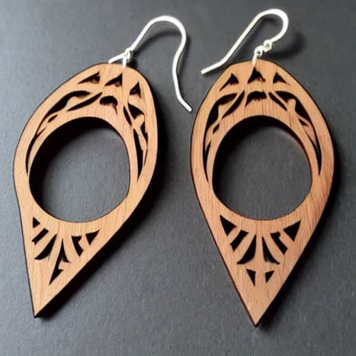 Image similar to 2 d wood lasercut earrings, mystical symbols, 8 k, hd, trending on amazon on artstation, trending on deviantart, trending on etsy, epic digital art