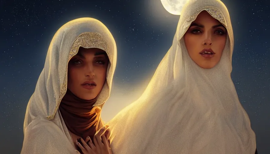 Image similar to Portrait of very very very very very very beautiful Arab woman wearing a Niqab, glowing magical eyes, energy trails, under giant full moon in the desert, intricate, elegant, highly detailed, digital painting, artstation, concept art, smooth, sharp focus, illustration, art by artgerm and greg rutkowski and alphonse mucha