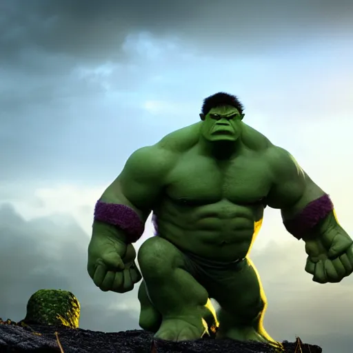 Image similar to hulk with shrek's body, realistic artstyle, wide shot, dramatic lighting, octane render, hyperrealistic, high quality, highly detailed, HD, beautiful, cinematic, 8k, unreal engine, facial accuracy, symmetrical