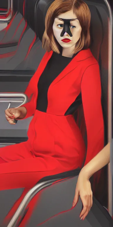 Prompt: portrait of a pretty woman sitting on the train, wearing a red jumpsuit, a black mask, and red platform shoes, digital art, highly detailed, 4 k