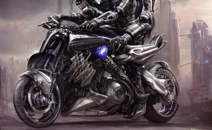 Image similar to Cyberpunk yamaha motorcycle, hyperrealistic mixed media, stunning 3d render inspired art by P. Craig Russell and Barry Windsor-Smith + perfect facial symmetry + dim volumetric lighting, 8k octane beautifully detailed render, post-processing, extremely hyperdetailed, intricate futuristic mechanic parts, epic composition, grim yet sparkling atmosphere, cinematic lighting + masterpiece, trending on artstation