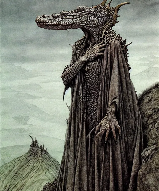 Image similar to A detailed horned crocodilewoman stands among the hills. Wearing a ripped mantle, robe. Perfect faces, extremely high details, realistic, fantasy art, solo, masterpiece, art by Zdzisław Beksiński, Arthur Rackham, Dariusz Zawadzki