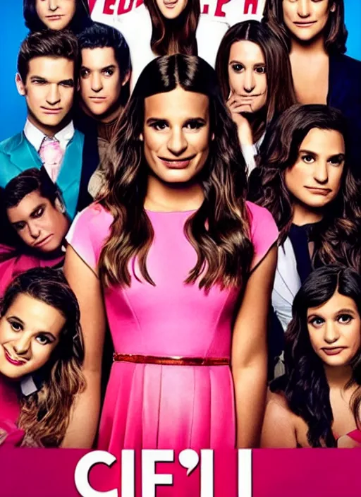 Image similar to glee sequel poster where rachel berry is the villain, evil, lea michele, with text, airing in 2 0 2 3