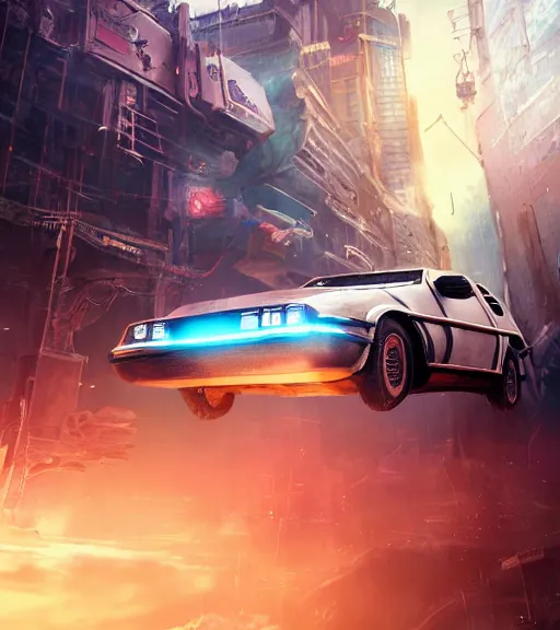 Prompt: an epic fantasy comic book style portrait painting of a flying delorean flying over a cyberpunk city, studio ghibli, unreal 5, daz, hyperrealistic, octane render, cosplay, rpg portrait, dynamic lighting, intricate detail, harvest fall vibrancy, cinematic