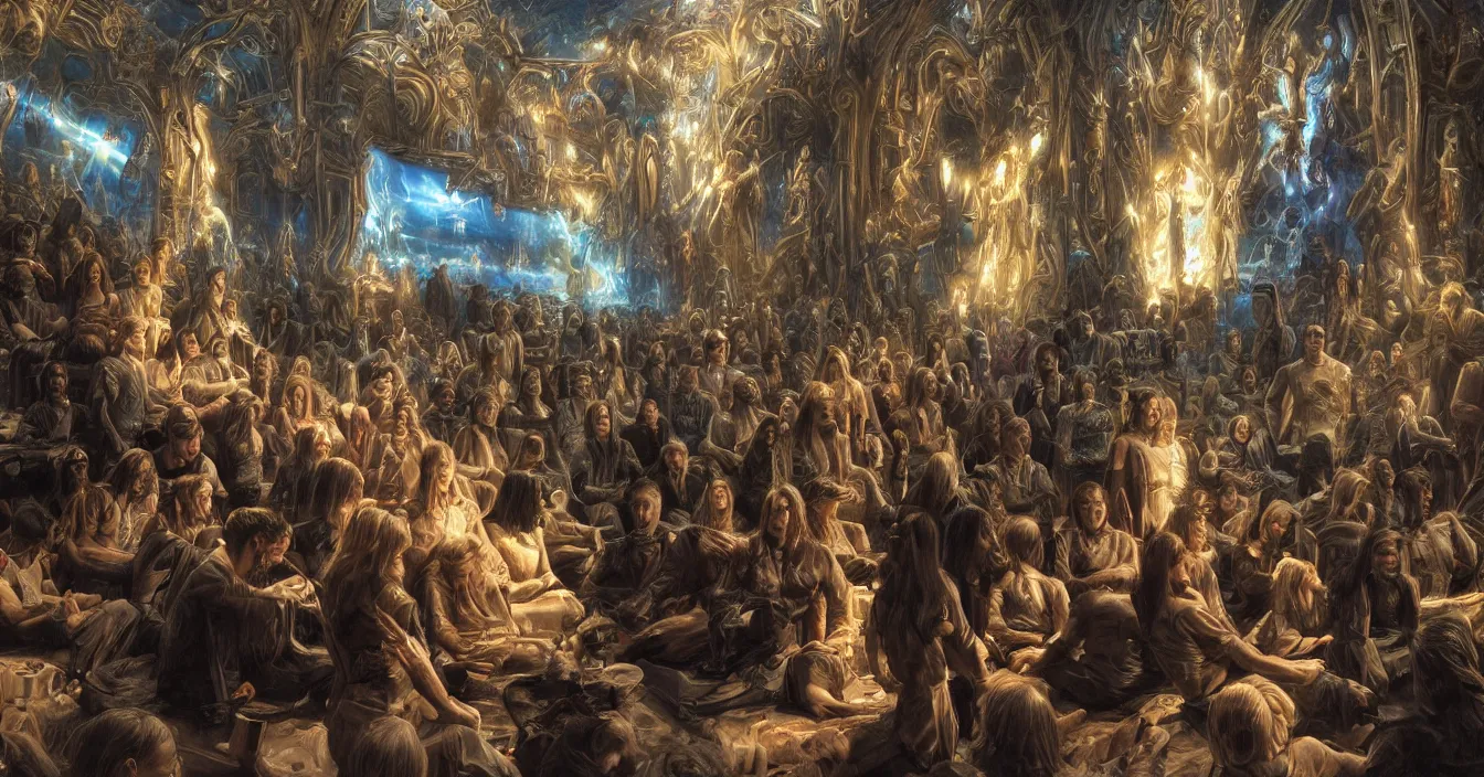 Prompt: human beings sit in the cinema and watch reflections of their lives on screen of life illusion, projecting by volumetric light of consciousness, realistic, deep sense of spirituality, visual plasticity, unreal engine quality, raytracing, vray shading, style of donato giancola