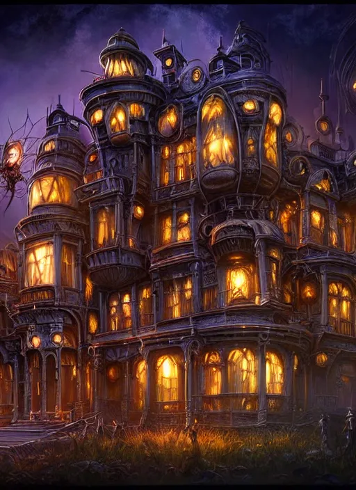 Image similar to hyper detailed ultra sharp of a steampunk sci - fi haunted halloween megastructure house trending on artstation, warpaint aesthetic, earthwave, colorful, psychedelic, ornate, intricate, digital painting, concept art, smooth, sharp focus, illustration, art by artgerm and greg rutkowski and h. r. giger, 8 k