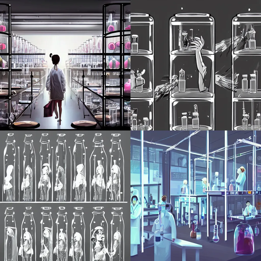 Prompt: Digital art, a scientist walks through her laboratory, past tables, on the tables are people trapped in jars, trending on ArtStation