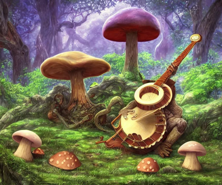 Image similar to frog playing a banjo in front of a mushroom in a forest, anime fantasy illustration by tomoyuki yamasaki, kyoto studio, madhouse, ufotable, comixwave films, trending on artstation