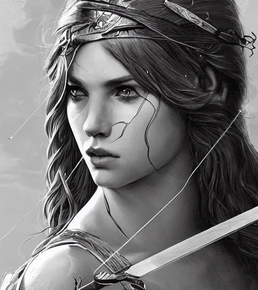 Image similar to beautiful young aphrodite goddess as an archer warrior, realistic face, beautiful eyes, black and white drawing, in the style of greg rutkowski, fantasy, amazing detail, epic, intricate, elegant, smooth, sharp focus