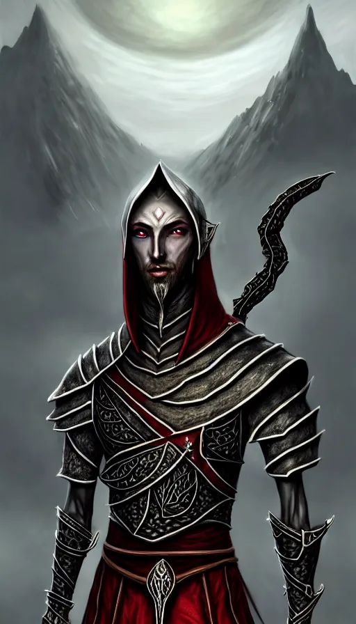 Prompt: hyperrealistic full body image of morrowind dunmer male nerevarine in front of balmora, red eyes, daedric script, telvanni, symmetrical face, handsome face, full body dnd character portrait, medieval armor, morrowind armor, oblivion armor, skyrim armor, eso armor, intricate, highly detailed, elegant, artstation, deviantart