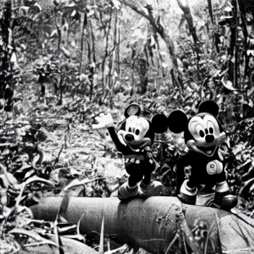 Prompt: Mickey Mouse at Vietnam war, war photo, jungles, old photo