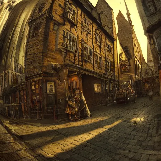 Prompt: 1 6 th century!!!!! town street, cinematic photography, fisheye!!!!! lens, ( ( ( ( ( worm's - eye view ) ) ) ) ), illustrated by max hay, artstation, cgsociety contest winner, dramatic lighting, vignette
