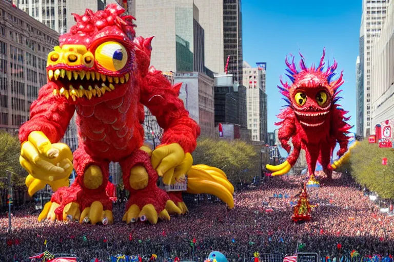 Prompt: photo of giant beautiful elaborate parade float monster designed by greg rutowski and geof darrow, in the macys parade, detailed 4 k photo, gigapixel, hyperdetailed