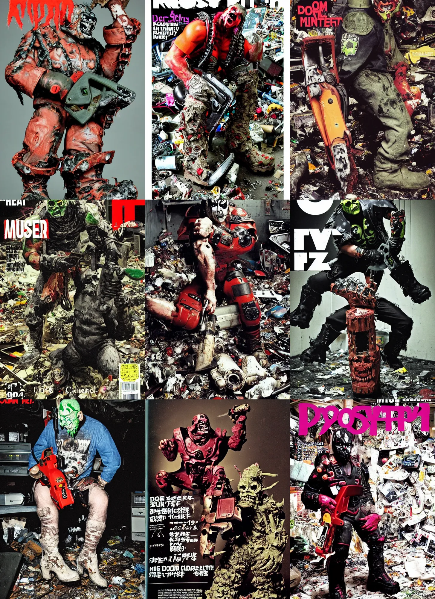 Prompt: photo of Doom marine with chainsaw wearing ripped up dirty Swear kiss monster teeth yeti platform boots in the style of Ryan Trecartin in the style of 1990's FRUiTS magazine 20471120 in japan in a dirty dark dark dark poorly lit bedroom full of trash and garbage server racks and cables everywhere in the style of Juergen Teller in the style of Shoichi Aoki, japanese street fashion, KEROUAC magazine, Walter Van Beirendonck W&LT 1990's, Vivienne Westwood, y2K aesthetic