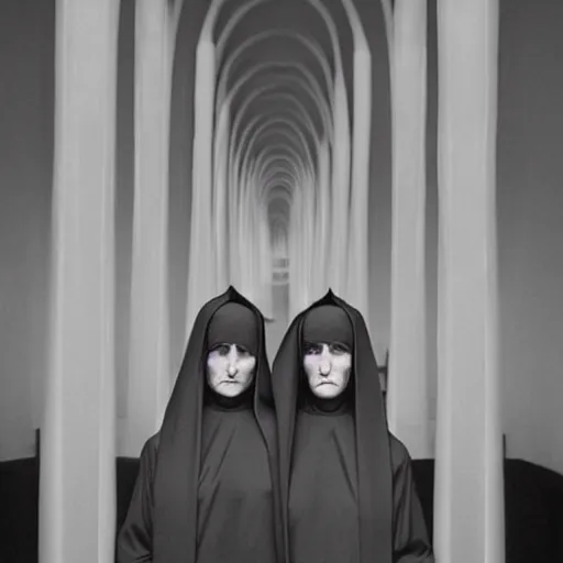 Image similar to award winning photo Floating twin nuns wearing translucent habits Very long arms, in a sanctuary, eerie, frightening —width 1024 —height 1024