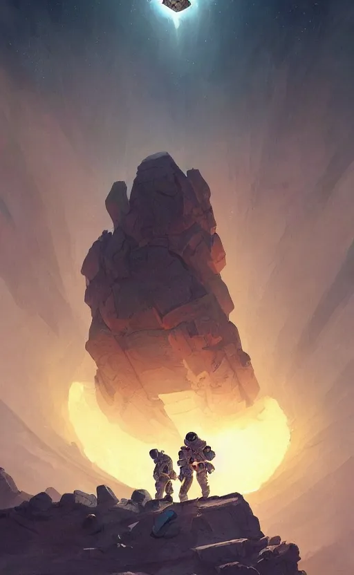 Image similar to a beautiful artwork illustration, astronauts with flashlights stand in front of a giant obsidian monolith on the moon, by greg rutkowski and jesper ejsing and raymond swanland, featured on artstation, wide angle, vertical orientation