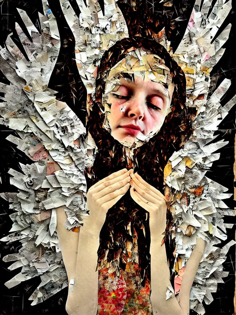 Image similar to a young adult angelgirl soft crying with lots of hands on her face and ratty feathered angel wings, stressed and burnt out, collage effect, collaged, torn paper, torn paper collage, overexposure, overexposed, high exposure