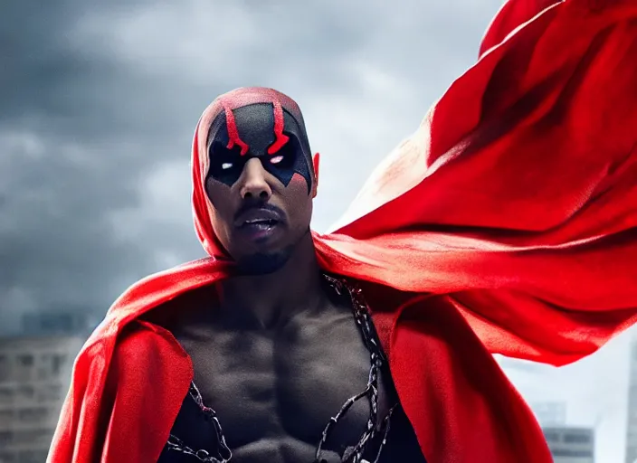 Image similar to film still of michael b jordan as spawn in the new spawn movie, giant chains, large cape, 8 k