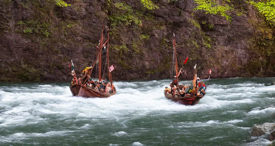 Image similar to fast viking ship sailing down a river, f / 2. 8, motion blur