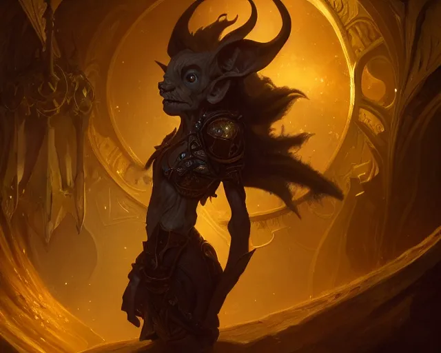 Image similar to a 4 k cinematic screenshot still portrait of a goblin in a dark liminal space room surrounded by gold, deep focus, d & d, fantasy, intricate, elegant, highly detailed, digital painting, art station, concept art, matte, sharp focus, illustration, dark fantasy style art, hearthstone, art by artgerm and greg rutkowski and alphonse mucha