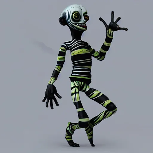 Image similar to plastic toy cute figurine of beetlejuice, blender, unreal engine, concept art, octane render, highly detailed, smooth, sharp focus