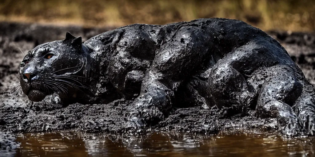 Image similar to a panther, made of tar, bathing inside the tar pit, full of tar, covered with liquid tar. dslr, photography, realism, animal photography, color, savanna, wildlife photography