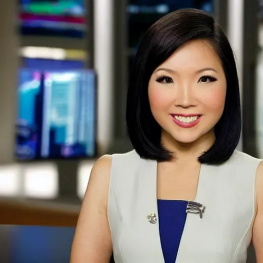 Image similar to a fullbody shot of a beautiful, asian - american female news anchor, with a bob cut, ultra hd, high definition, high quality, crisp, sharp, smooth, 8 k resolution