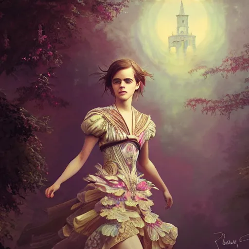 Prompt: emma watson as a beautiful young girl in intricate clothing by ross tran, walking in a castle painted by sana takeda, rtx reflections, very high intricate details, painting, digital anime art, medium shot, mid - shot, composition by ilya kuvshinov, lighting by greg rutkowski