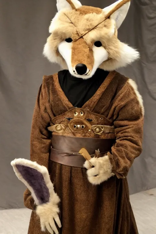 Prompt: a medieval anthropomorphic fox with a fluffy tail as a fursuit, cosplay