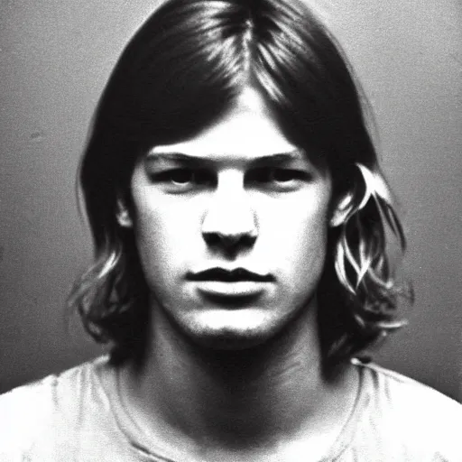 Image similar to Mugshot Portrait of Young David Gilmour, taken in the 1970s, photo taken on a 1970s polaroid camera, grainy, real life, hyperrealistic, ultra realistic, realistic, highly detailed, epic, HD quality, 8k resolution, body and headshot, film still, front facing, front view, headshot and bodyshot, detailed face, very detailed face