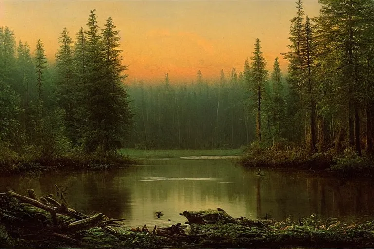 Image similar to A beautiful matte painting of The edge of the Russian forest in summer at night by Ivan Shishkin