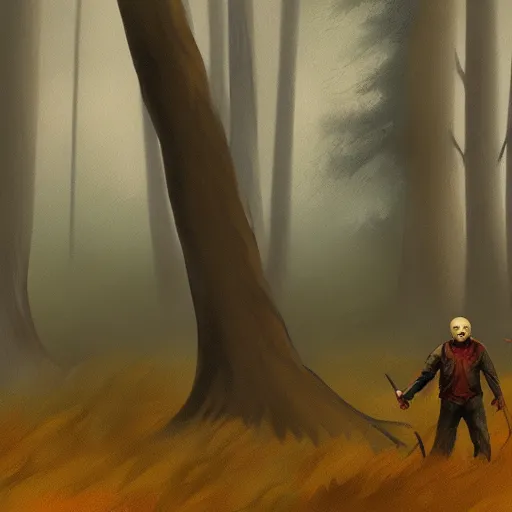 Prompt: A painting image of Jason Voorhees in the woods foggy very detail 4K quality super realistic