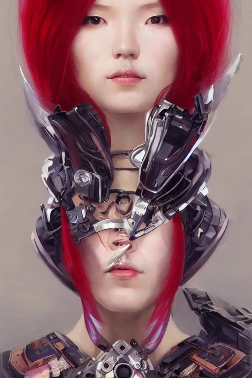 Image similar to > professional dynamtic portrait of female an agile geisha cyberpunk in a dynamic pose , armor elements , long red hair, beautiful bone structure, symmetrical facial features, intricate, elegant, digital painting, concept art, smooth, sharp focus, illustration, by Ruan Jia and Mandy Jurgens , and mucha, and Artgerm and William-Adolphe Bouguerea