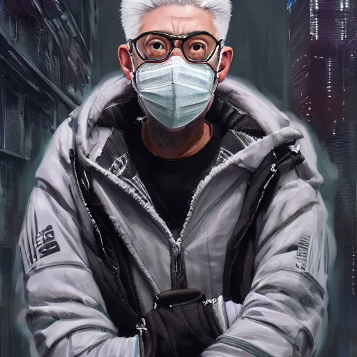 Image similar to very cool man grey hair with piercing, face mask, 3 d, streetwear, techwear, cyberpunk style outfit, full body, realosm, detailed portrait, intricate complexity, by greg rutkowski, cushart krentz, artgerm, ross tran, conrad roset, takato yomamoto, ilya kuvshinov. 4 k, cinematic, atmosphere