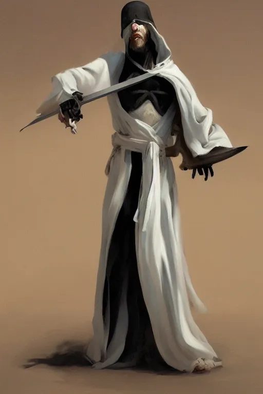 Image similar to fantasy painting of a pale man dressed in robes with a black blade, painted by Bayard Wu, ultra detailed, 8k