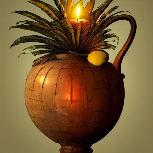 Image similar to still art, antique jug with palms inside, old candle, much vegetables, lemon, orange, pepper, cinematic light, detailed, digital art, concept art, trending on artstation, highly detailed, intricate, sharp focus, digital art, 8 k