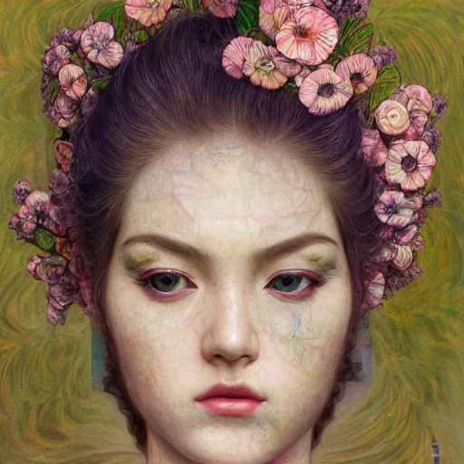 Image similar to white girl, botanical, portrait face, colorful, frantisek kupka, intricate, miles johnston, kuroda seiki, cynical realism, ozabu, john william godward, painterly, yoshitaka amano, moebius, miles johnston, louise zhang, james jean, mark ryden lowbrow pop surrealism art style