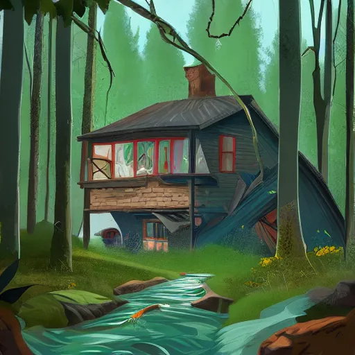 Image similar to a house with broken holes, lush canadian forest in the background, childrens book art, trending on artstation, illustration, cinematic