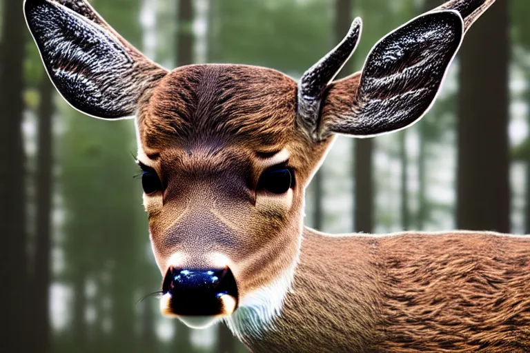 Image similar to a close up of the head of a deer. The deer has bright white eyes. background of a landscape misty forest scene, the sun glistening through the trees, hyper realistic photograph, octane render 8k, trending on artstation, unreal engine